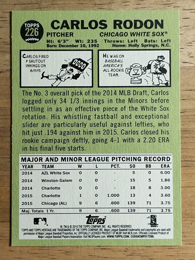 2016 Topps Heritage #226A Carlos Rodon