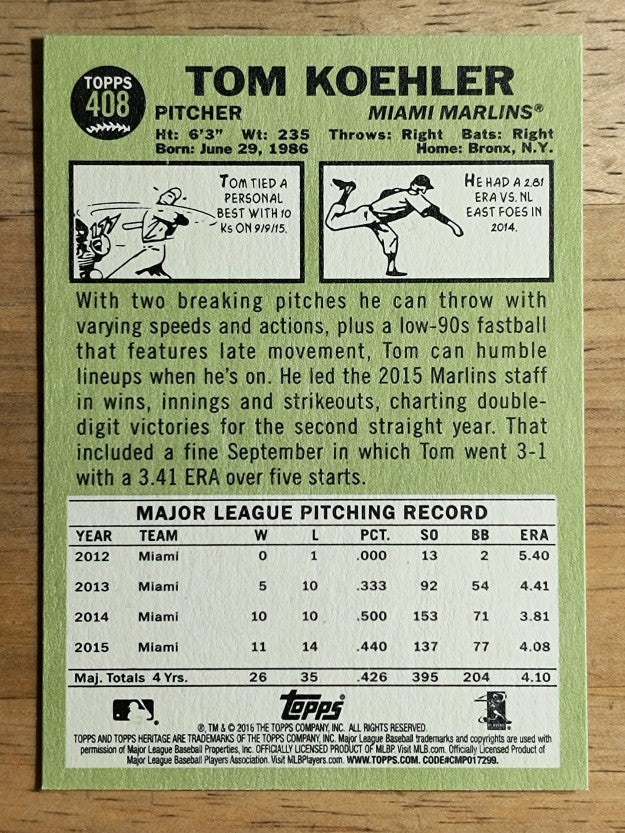 2016 Topps Heritage #408 Tom Koehler