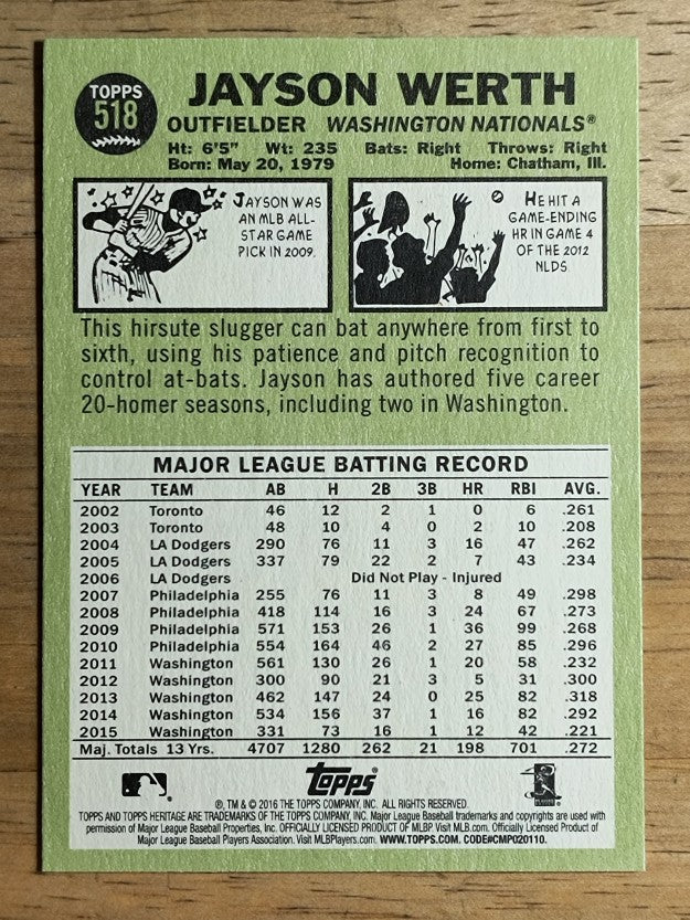 2016 Topps Heritage #518A Jayson Werth