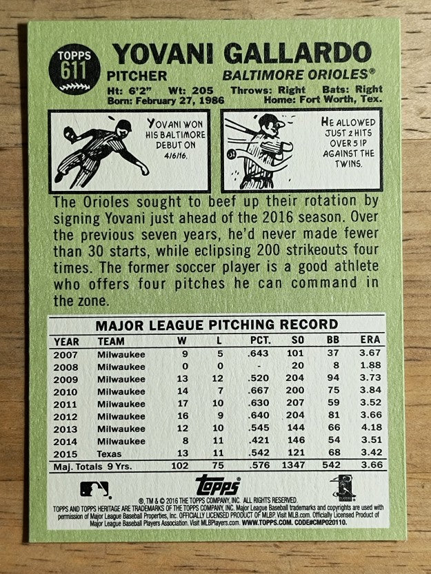 2016 Topps Heritage #611 Yovani Gallardo