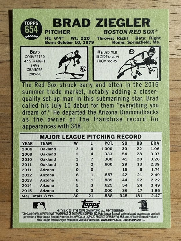 2016 Topps Heritage #654 Brad Ziegler