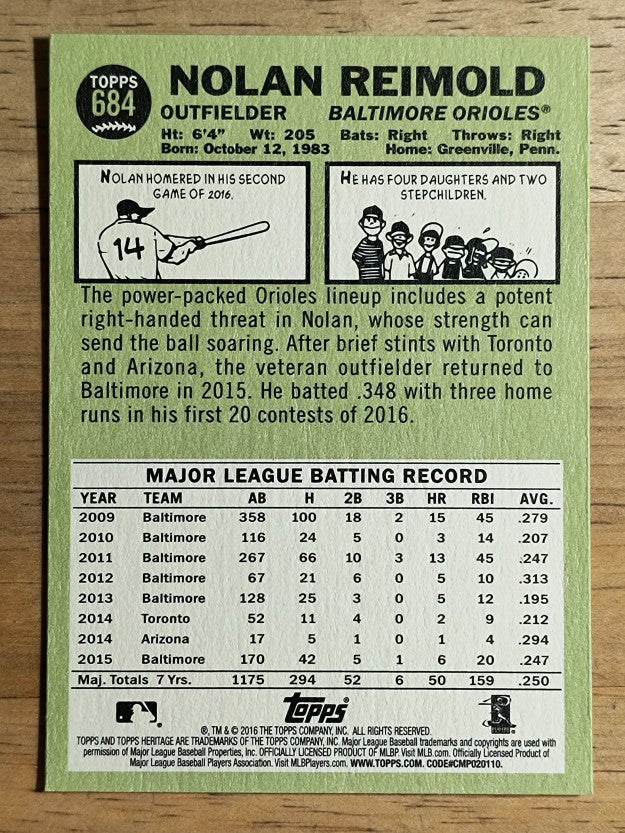2016 Topps Heritage #684 Nolan Reimold