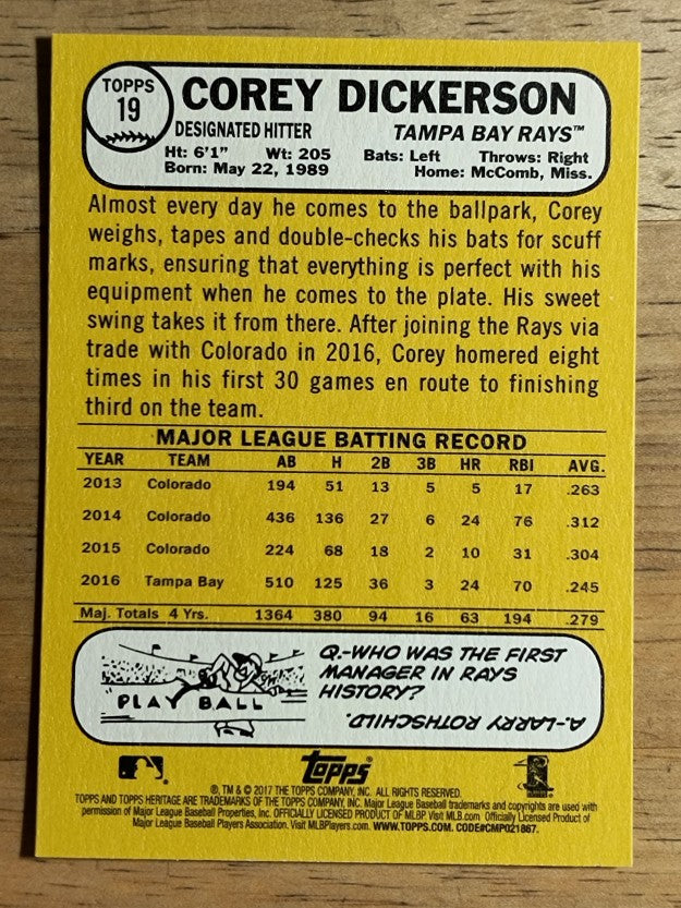 2017 Topps Heritage #19 Corey Dickerson