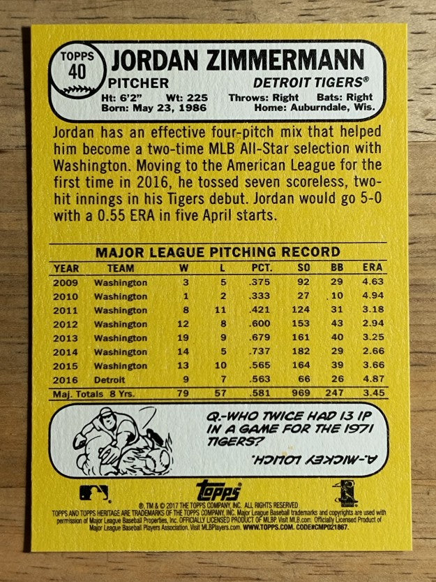 2017 Topps Heritage #40 Jordan Zimmermann