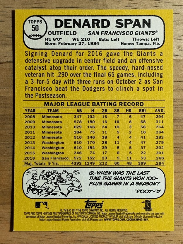 2017 Topps Heritage #50 Denard Span