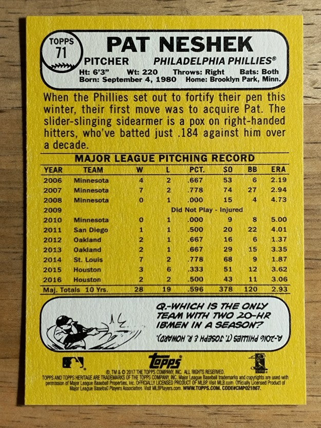 2017 Topps Heritage #71A Pat Neshek