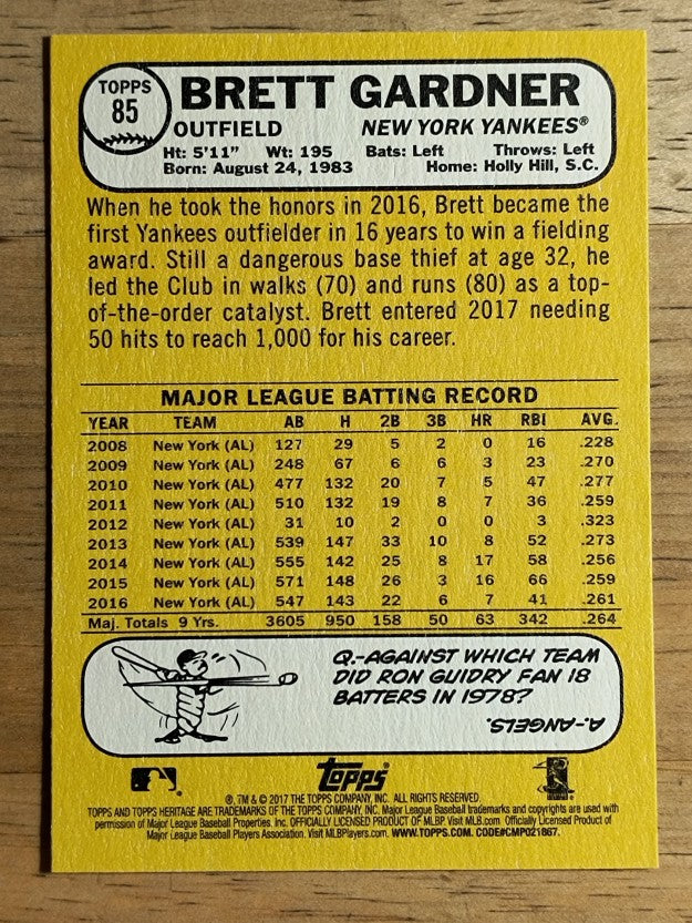 2017 Topps Heritage #85 Brett Gardner