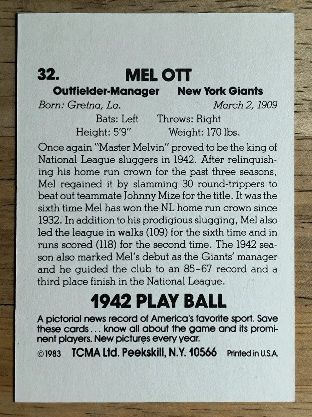 1983 TCMA Playball 1942 #32 Mel Ott P/MG