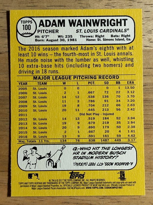 2017 Topps Heritage #100 Adam Wainwright
