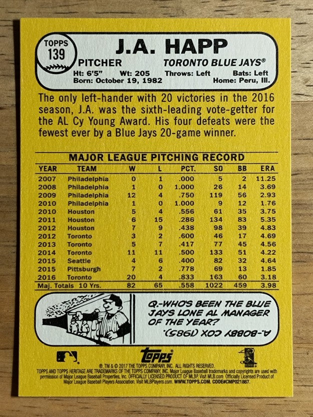2017 Topps Heritage #139 J.A. Happ