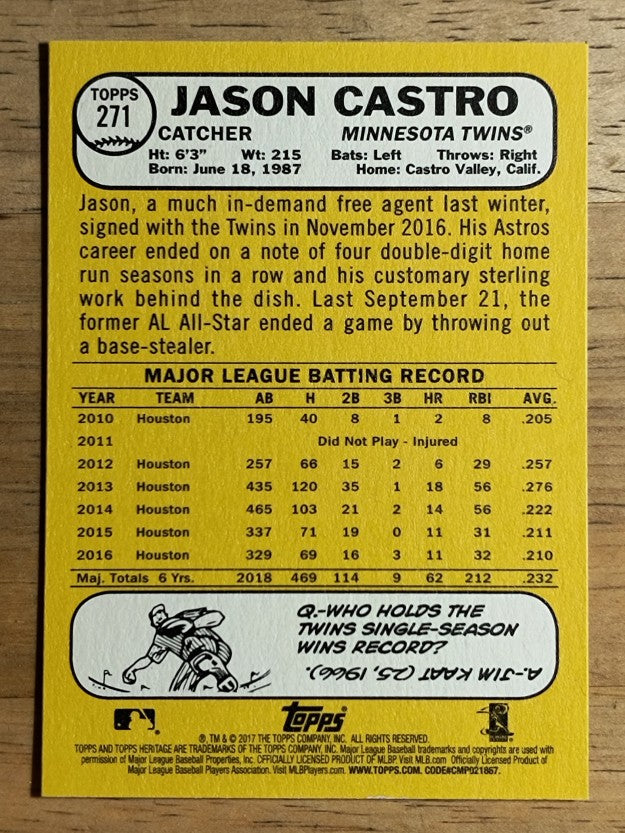 2017 Topps Heritage #271 Jason Castro
