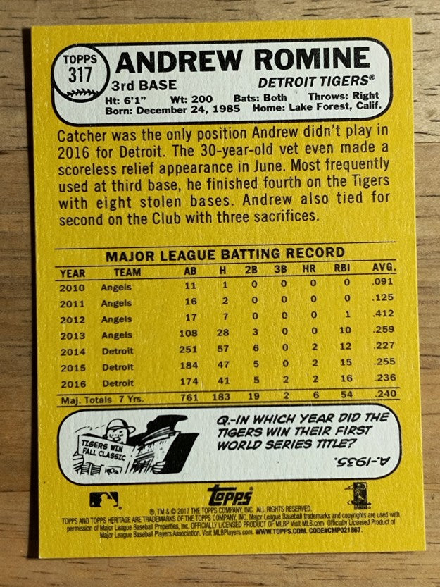 2017 Topps Heritage #317 Andrew Romine