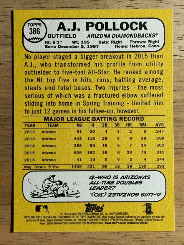 2017 Topps Heritage #386 A.J. Pollock
