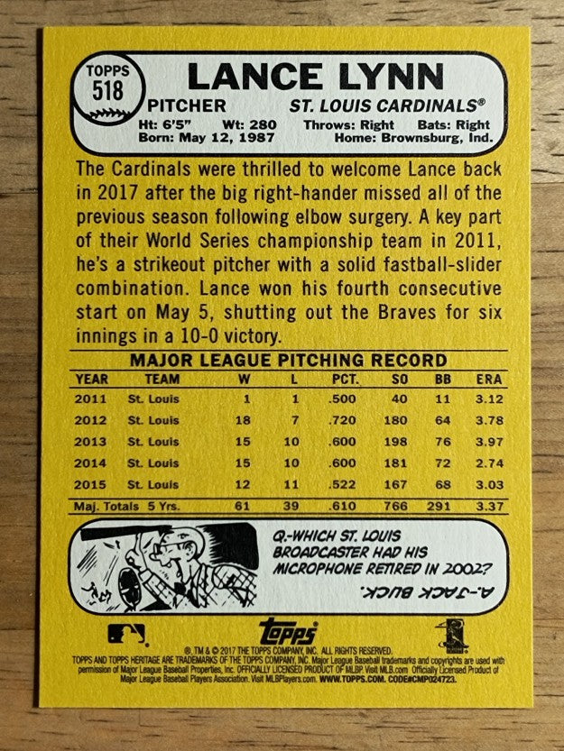 2017 Topps Heritage #518 Lance Lynn