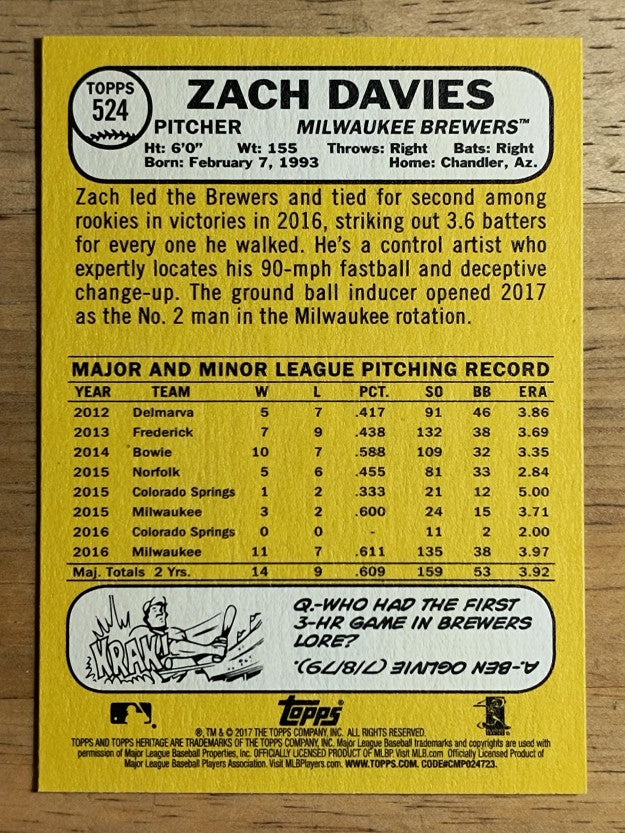 2017 Topps Heritage #524 Zach Davies