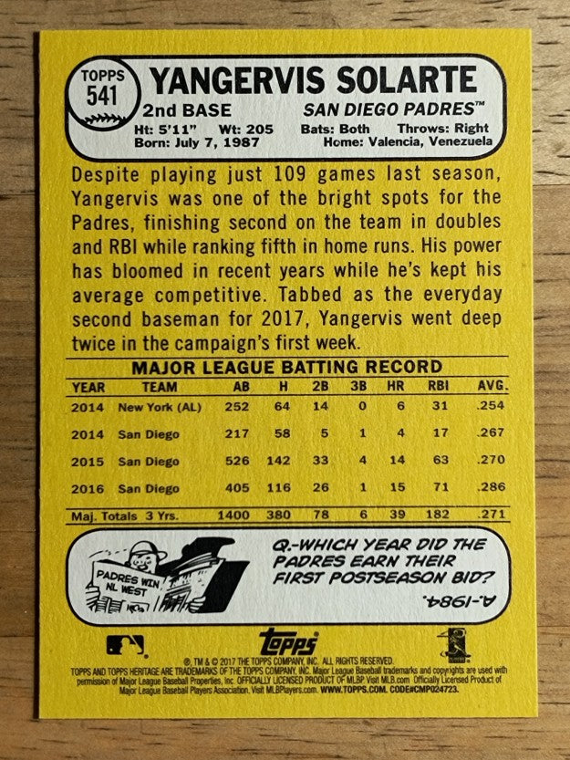 2017 Topps Heritage #541A Yangervis Solarte