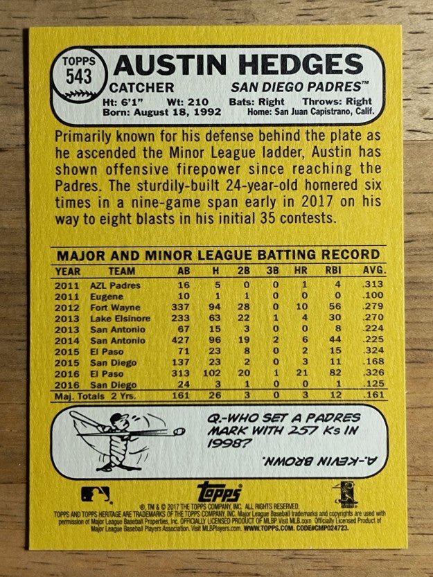 2017 Topps Heritage #543 Austin Hedges