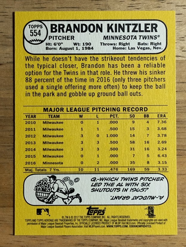 2017 Topps Heritage #554 Brandon Kintzler