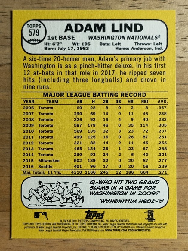 2017 Topps Heritage #579 Adam Lind