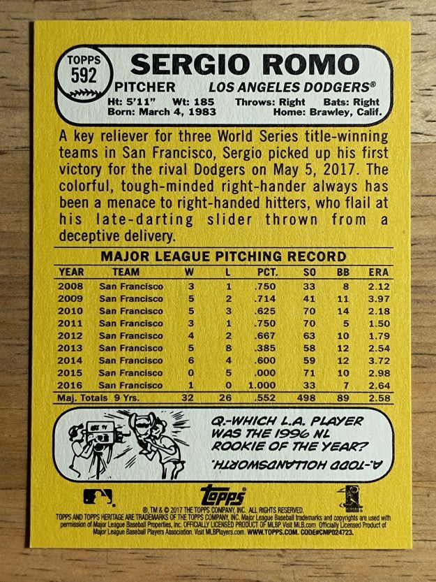 2017 Topps Heritage #592 Sergio Romo
