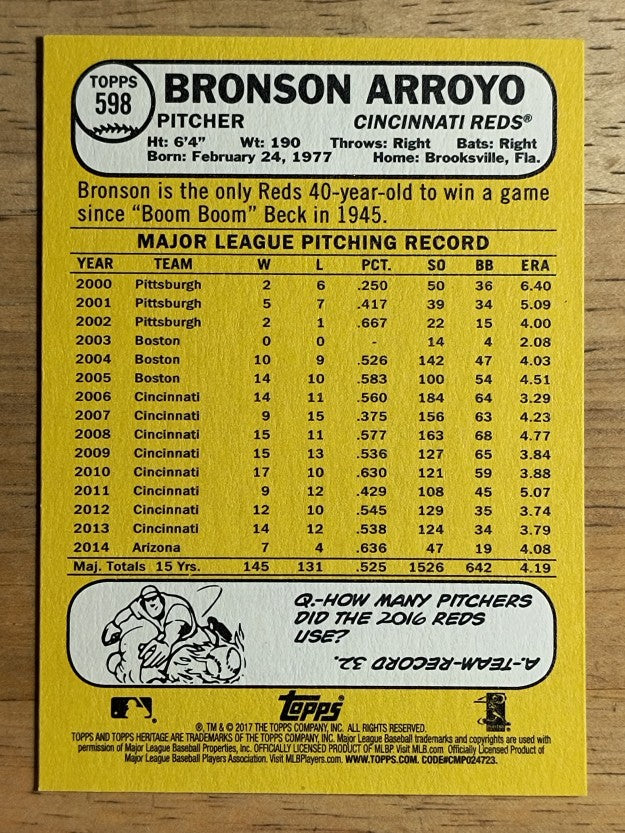 2017 Topps Heritage #598 Bronson Arroyo