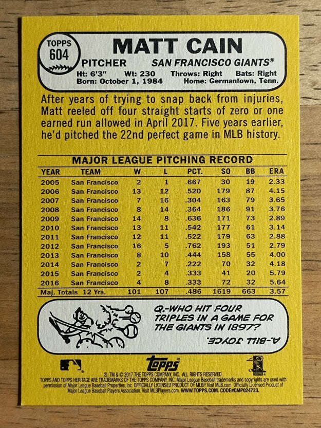 2017 Topps Heritage #604A Matt Cain