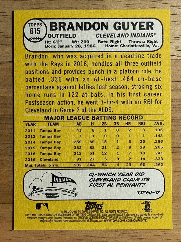 2017 Topps Heritage #615 Brandon Guyer