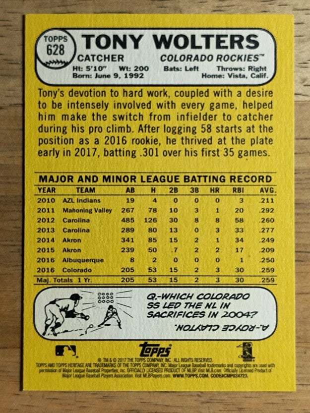 2017 Topps Heritage #628 Tony Wolters