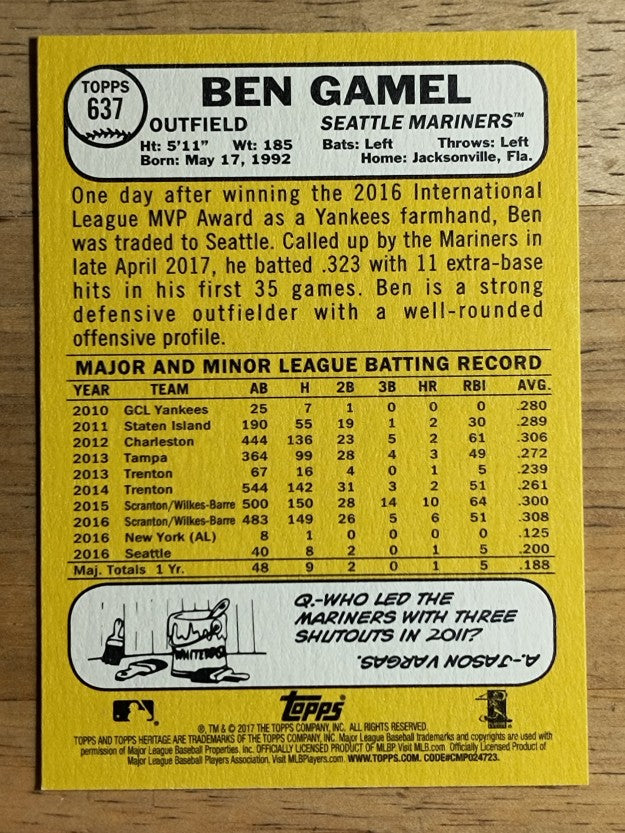 2017 Topps Heritage #637 Ben Gamel