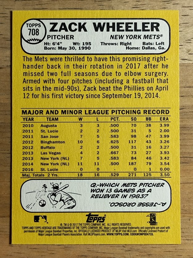 2017 Topps Heritage #708 Zack Wheeler SP