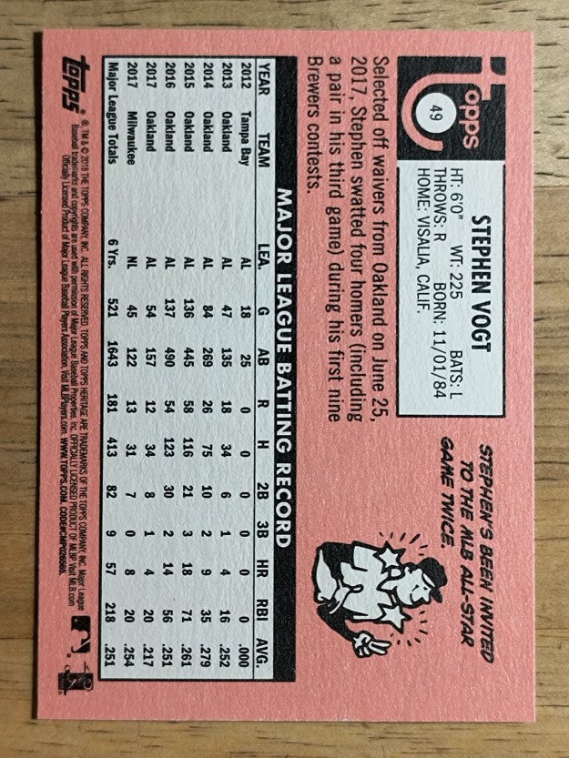 2018 Topps Heritage #49 Stephen Vogt