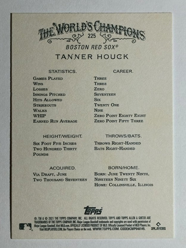 2021 Topps Allen and Ginter #225 Tanner Houck RC