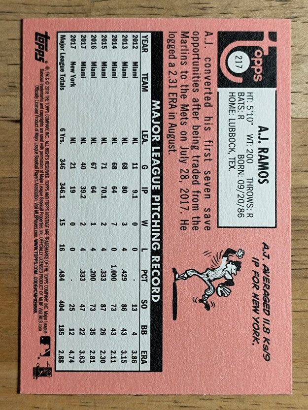 2018 Topps Heritage #217 A.J. Ramos