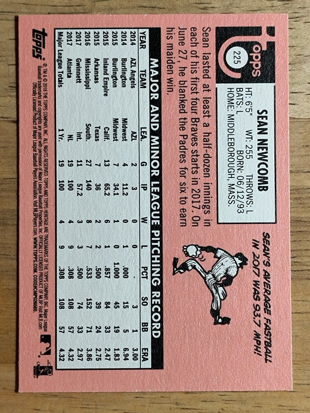 2018 Topps Heritage #225 Sean Newcomb