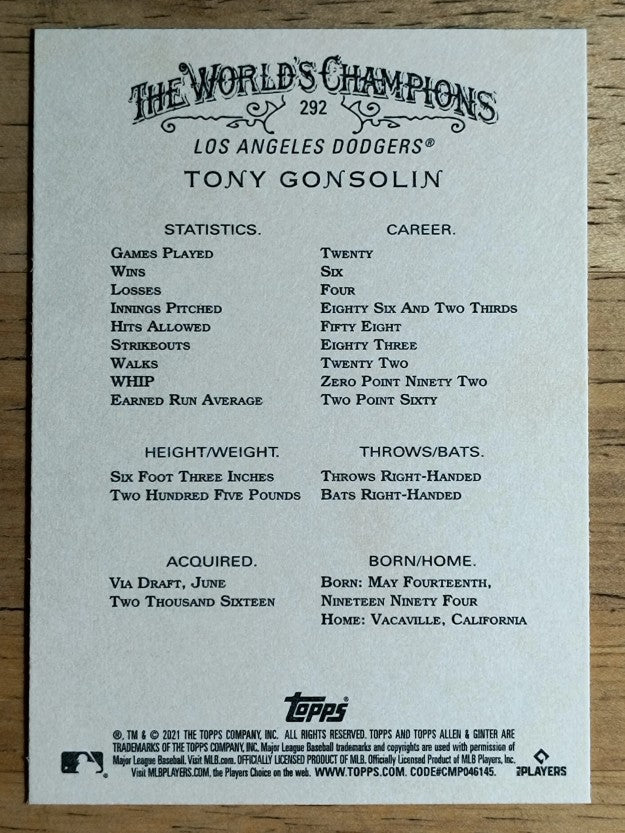 2021 Topps Allen and Ginter #292 Tony Gonsolin