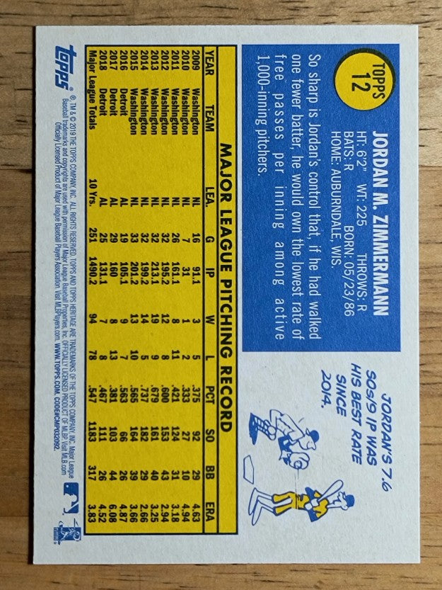 2019 Topps Heritage #12 Jordan Zimmermann