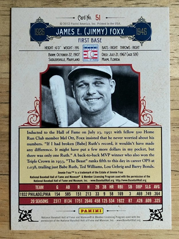 2012 Panini Cooperstown #51 Jimmie Foxx