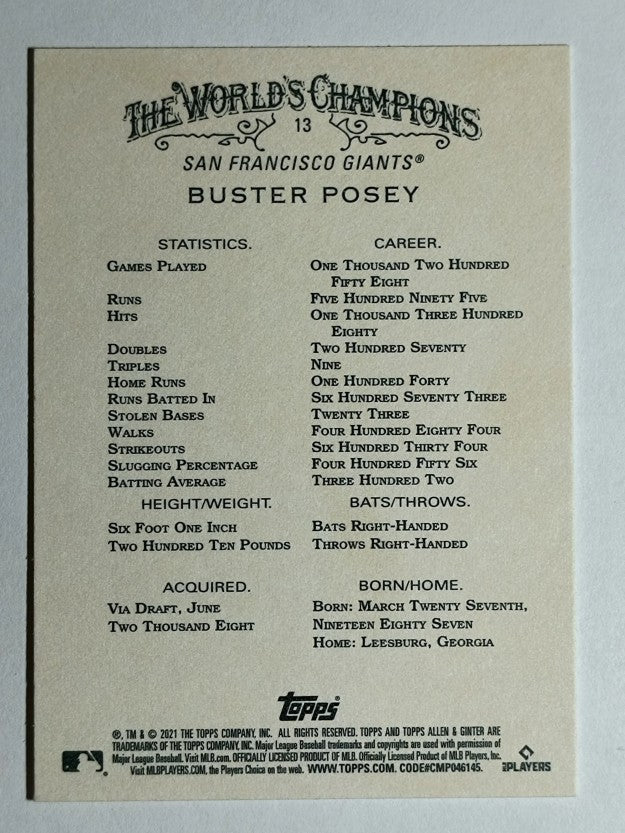 2021 Topps Allen and Ginter #13 Buster Posey