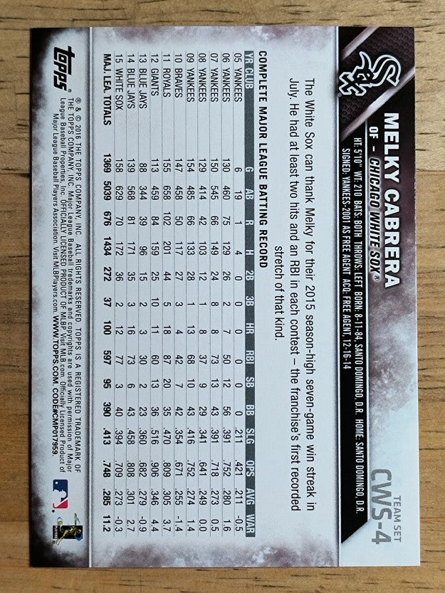2016 White Sox Topps #CHW4 Melky Cabrera