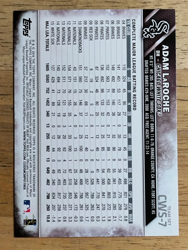 2016 White Sox Topps #CHW7 Adam LaRoche