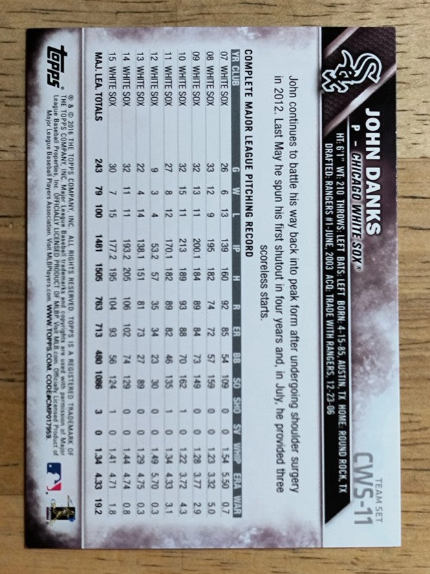 2016 White Sox Topps #CHW11 John Danks