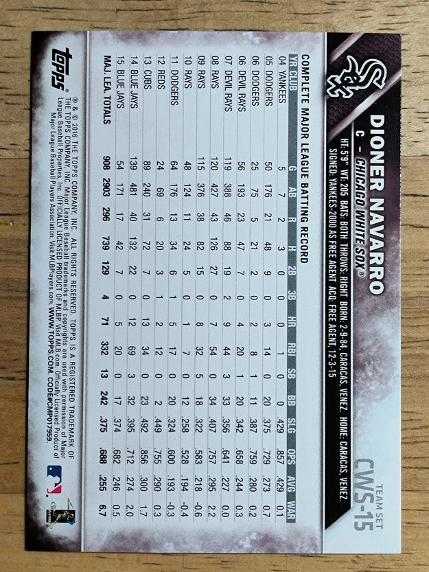 2016 White Sox Topps #CHW15 Dioner Navarro