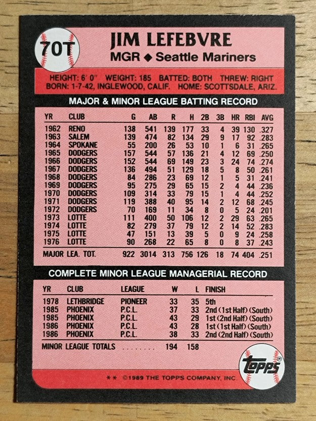 1989 Topps Traded #70T Jim Lefebvre MG