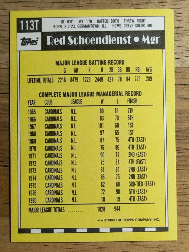 1990 Topps Traded #113T Red Schoendienst MG