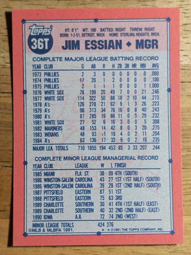 1991 Topps Traded #36T Jim Essian MG