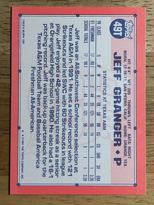 1991 Topps Traded #49T Jeff Granger USA RC