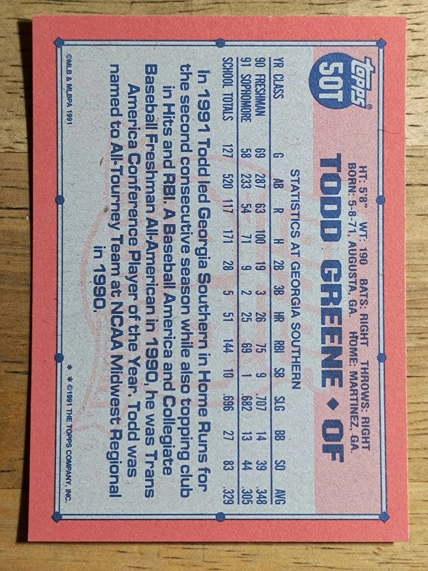 1991 Topps Traded #50T Todd Greene USA RC