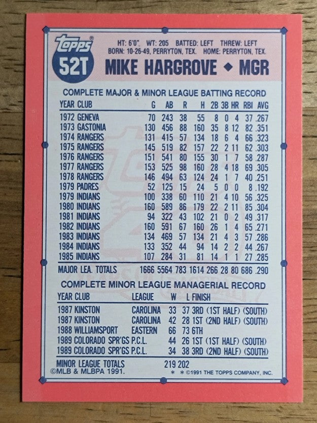 1991 Topps Traded #52T Mike Hargrove MG
