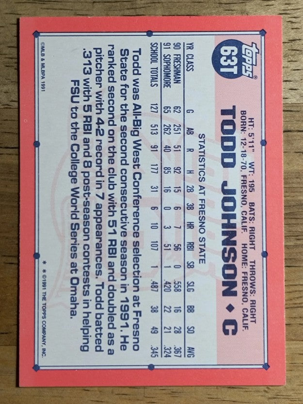 1991 Topps Traded #63T Todd Johnson USA RC