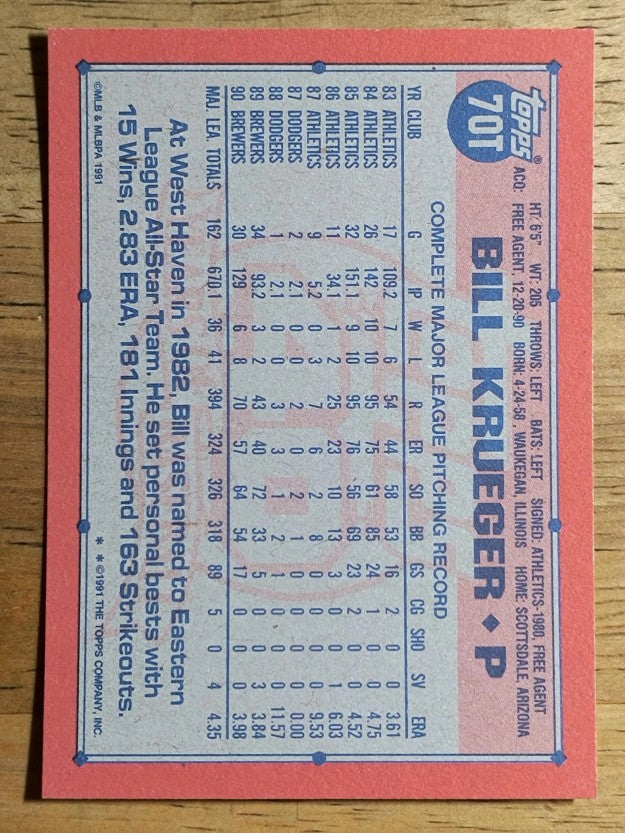 1991 Topps Traded #70T Bill Krueger